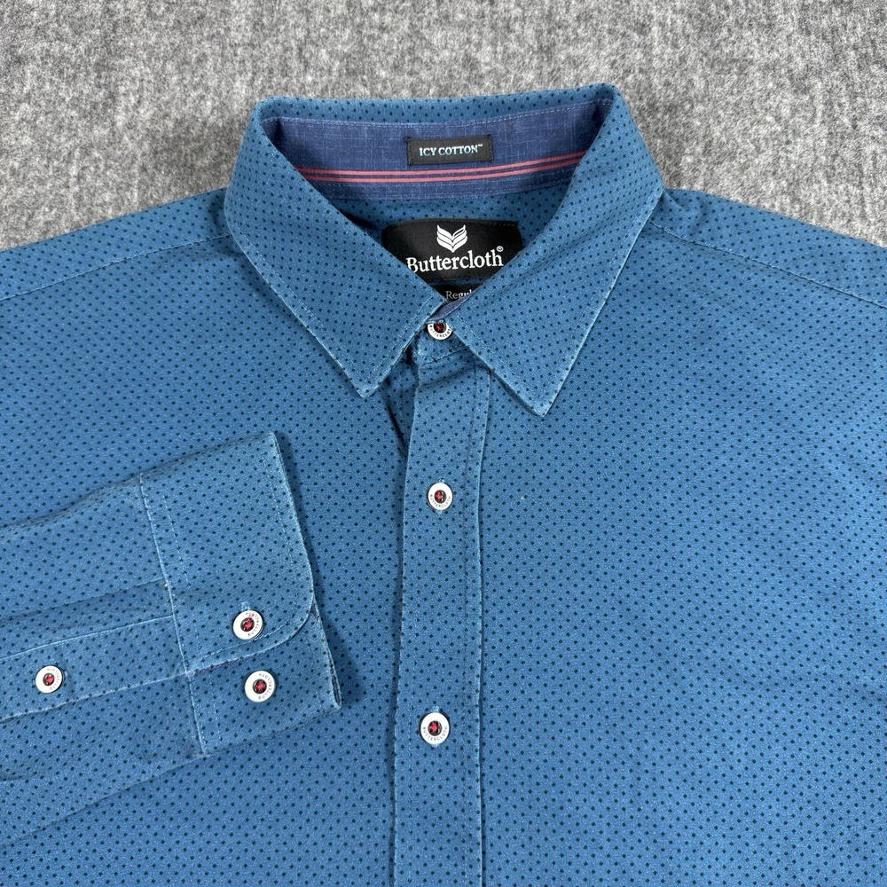 Buttercloth Icy Cotton Men's XL Blue Dot Long Sleeve Button Up Shirt Regular Fit